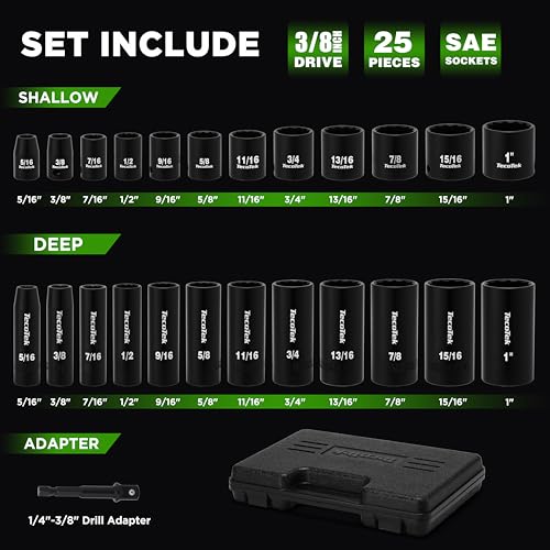 TecoTek 25 Pieces 3/8-Inch Drive Deep and Shallow 12-Point Impact Socket Set, CR-V, 5/16" - 1", SAE, 1/4"-3/8" Drill Adapter - size: 8mm-25mm(deep & Shallow)