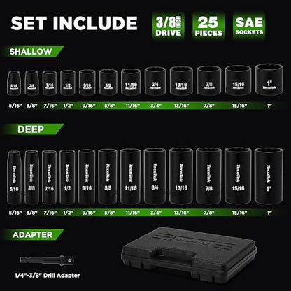 TecoTek 25 Pieces 3/8-Inch Drive Deep and Shallow 12-Point Impact Socket Set, CR-V, 5/16" - 1", SAE, 1/4"-3/8" Drill Adapter - size: 8mm-25mm(deep & Shallow)