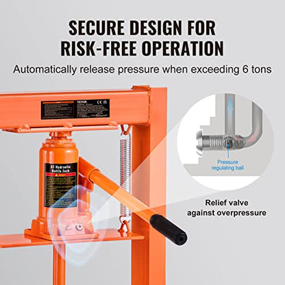 VEVOR Hydraulic 6 Ton H-Frame Garage Floor Adjustable Shop Press with Plates, 6T, Orange - size: 6T