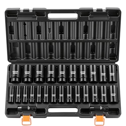 VEVOR Impact Socket Set, 1/2" Drive, 26-Piece Impact Sockets, 6-Point Sockets, Metric 10-30 mm, 32-36 mm, Easy to Identify, with a Sturdy Storage Case, Cr-V Alloy Steel Structure, for Vehicles Repair