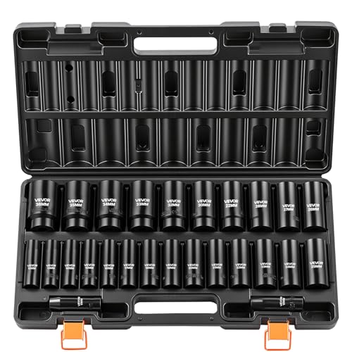 VEVOR Impact Socket Set, 1/2" Drive, 26-Piece Impact Sockets, 6-Point Sockets, Metric 10-30 mm, 32-36 mm, Easy to Identify, with a Sturdy Storage Case, Cr-V Alloy Steel Structure, for Vehicles Repair