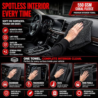 Microfiber Car Drying Towel & Interior Cleaning Cloth Set (2-Piece), 1300 GSM 24” x 36” Twisted Loop + 550 GSM 16” x 16” Coral Fleece, Streak-Free, Scratch-Free, Auto Detailing for Cars, Trucks & SUV