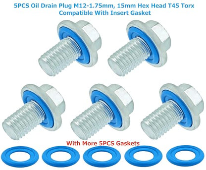 5PCS Oil Drain Plug M12-1.75, 15mm Hex Head T45 Torx Compatible with Insert Gasket, More 5PCS Gasket, fit for GMC, Buick, Cadillac, Chevrolet, Replace GM 55577568, 090-948, 090-948CD, 11519933