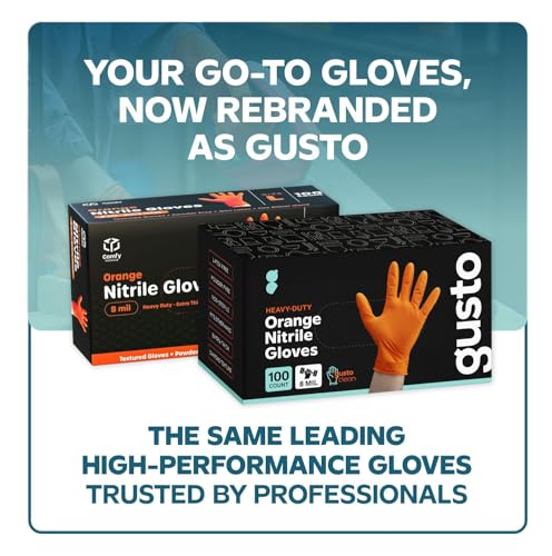 GUSTO 8 Mil Disposable Orange Nitrile Gloves HEAVY DUTY, Industrial, Diamond Texture - Formerly Comfy Package - size: Medium, style: 100 Count