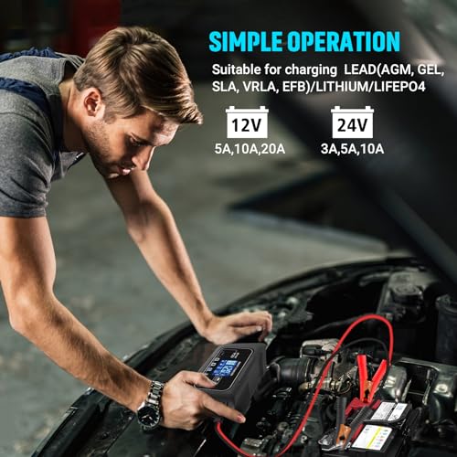 SolaMr Lithium Lifepo4 Battery Charger, 20Amp 12V and 24V Portable Smart Car Battery Charger, Trickle Charger for Lead-Acid(AGM/Gel/SLA..), Deep Cycle Charger for Marine, RV, Motorcycle (P20) - size: P20 Battery Charger