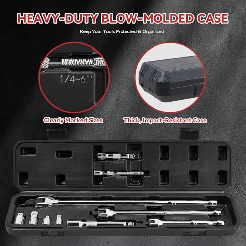 KOOPOOL 10 PC Breaker Bar Set, 3/8" 1/2" 1/4" Drive, 180° Rotatable Head | 6'', 10'', 15'' Length, 3 Extension Bars, Organizer Case - style: Single-ended