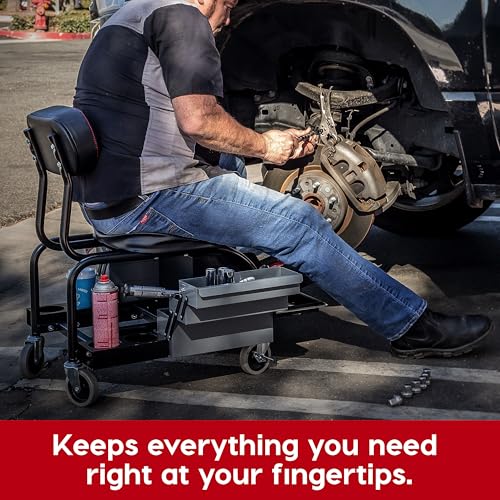 Powerbuilt Professional Mechanics Roller Seat, Heavy Duty Padded Detailer Seat and Backrest, Sliding Storage Drawers, Tool Tray, Can Holders, 4-Inch Swivel Wheels