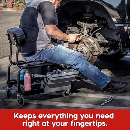 Powerbuilt Professional Mechanics Roller Seat, Heavy Duty Padded Detailer Seat and Backrest, Sliding Storage Drawers, Tool Tray, Can Holders, 4-Inch Swivel Wheels