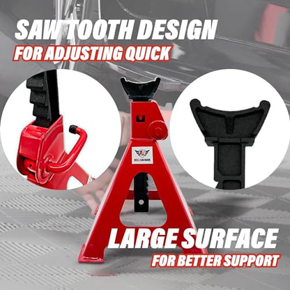 BullsArmor Jack Stands 6 Ton (12,000 lbs) Heavy Duty - Quick Adjustment Steel Self-Locking for SUV, MPV, Truck, and RV - Mechanic Repair Garage - Red/Black - 1 Pair