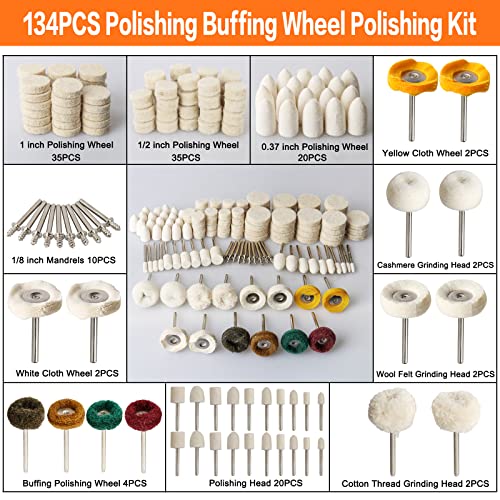 134PCS Buffing Wheels Polishing Kit for Dremel, Polishing Wheel Polishing Bits for Rotary Tool Accessories with 1/8" Shank, Abrasive Wheel Buffing Wool Felt Sanding Kit for Jewelry Wood Metal Watch - style: 134PCS Buffing Wheels