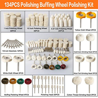 134PCS Buffing Wheels Polishing Kit for Dremel, Polishing Wheel Polishing Bits for Rotary Tool Accessories with 1/8" Shank, Abrasive Wheel Buffing Wool Felt Sanding Kit for Jewelry Wood Metal Watch - style: 134PCS Buffing Wheels
