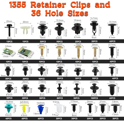 1355Pcs Car Retainer Clips & Metal Fasteners Kit - 36 Sizes Auto Push Rivets, Bumper U-Nuts & Screws with 5 Blue Trim Tools, Cable Ties. 3-Layer Storage Box for GM Ford (1355Pcs) - style: 1355pcs