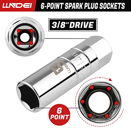 LLNDEI 3/8 Inch Drive Spark Plug Socket Set SAE & Metric, High Visibility 6 Point Sockets CR-V Steel, Mirror Polished Sockets with Rubber Retaining Rings-Spark Plug Removal Tool for Car Repair 7PCS - size: 6 pieces + extension bar