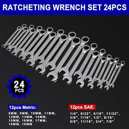 Qnkaa 24pcs Ratcheting Wrench Set with Rollup Pouches Metric (8mm to 19mm) & SAE (1/4" to 7/8") Ratchet Combination Wrenches Set Wrench set Metric and Standard
