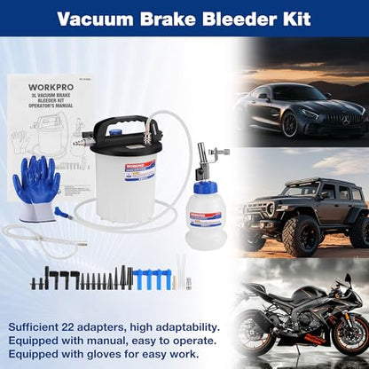 WORKPRO 3L Vacuum Brake Bleeder Kit, Pneumatic Brake Bleeder for One Person | 1L Brake Fluid Refill Bottle, 22 Adapters, Air Coupler & Gloves, Brake Bleeding Tool for Various Vehicles, Motorcycles