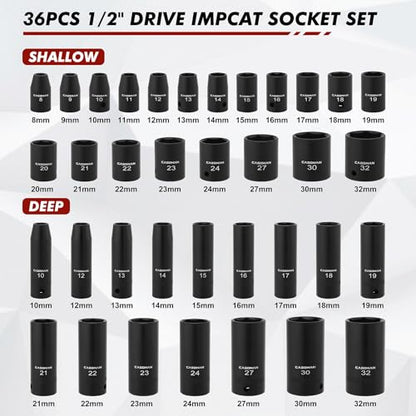 CASOMAN 36-Piece 1/2” Drive Metric Deep and Shallow Impact Socket Set, 6-Point, CR-V, for Auto Repair, with Portable Case, Rugged Construction - size: 1/2"Dr. Metric