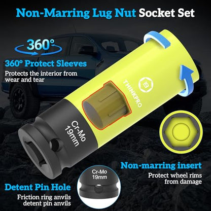 Impact Lug Nut Socket Set-7 Pieces Thin Wall Impact Sockets,17,19,21 mm Non-Marring Deep Wheel Lug Nut Sockets Come with Bolt Extractor for Anti-Theft Wheel Nuts