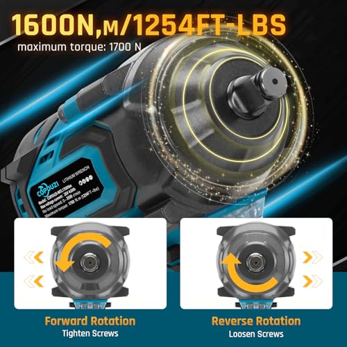 1700Nm 1/2" Cordless Impact Wrench, 1253 Ft-lbs Brushless Impact Gun, 20V High Torque Impact Driver with 2 x 4.0Ah Batteries 6 Sockets & Case, Pistola De Impacto for Home Car Tire Heavy Truck