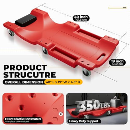 Auto Dynasty 40 Inches Mechanic Creeper, Automotive Garage Repair Low Profile Under Car Rolling Creeper with Padded Headrest, Plastic, Red - color: Red, size: 40" L