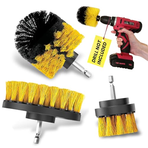 Drill Brush Car Detailing Attachment Set - 3 Piece Power Scrubber Brush Kit for Wheels, Tires, Carpet, Interior, Upholstery - Medium Stiff Nylon Brushes for Cordless Drill Cleaning