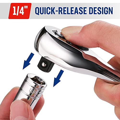 WORKPRO 1/4" Drive Ratchet Wrench, 72-Tooth Reversible | Quick-Release, CR-MO Head, Chrome Plated Finish, Ergonomic Non-Slip Handle - size: 1/4"
