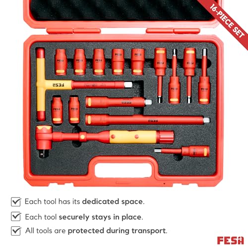FESA 16-Piece Insulated Torque Wrench Set (1/2" Drive, 10-50 Nm Range) | with 7 Metric Sockets, 5 Hex Bit Sockets, 2 Extension Bars, T-Handle & Protective Case - style: 1/2" Drive, 10-50 Nm Wrench & Socket Set