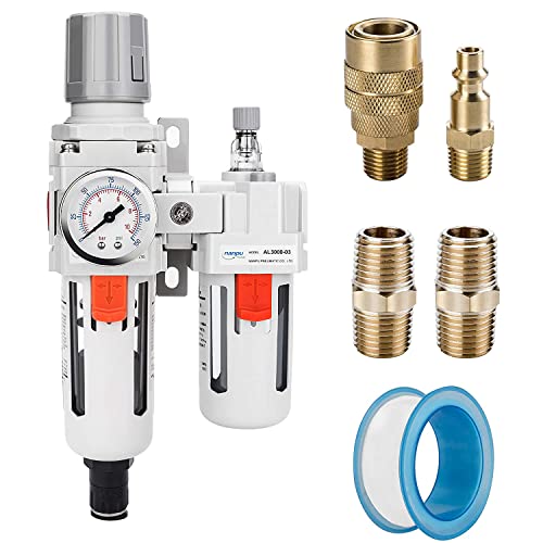 NANPU 3/8" NPT Air Filter Regulator Lubricator Combo, Water Separator | 5-micron brass filter, 0-150 psi gauge, poly bowl, auto drain, 60 SCFM, helps protect tools from moisture and debris - size: 3/8" NPT, style: Auto Drain, Metal Coupler & Plug