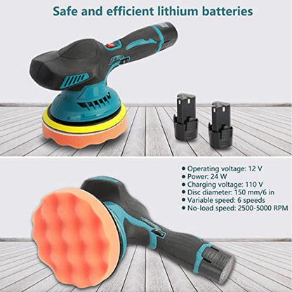 Cordless Dual Action Polisher Buffer for Car, 12V Furniture Electric Polishing Waxer Machine Kit, Random Orbit Sander, 2500-5000 RPM 6 Variable Speeds with 2 x 2Ah Batteries, Gloves, Apron