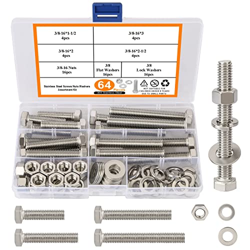 3/8-16 Hex Bolts and Nuts Kit 64PCS, 304 Stainless Steel 3/8” Heavy Duty Nuts and Bolts Screws Flat & Lock Washers Kit, Machine Screws Set with Storage Case - size: 64PCS 3/8-16 Hex Bolts Silver