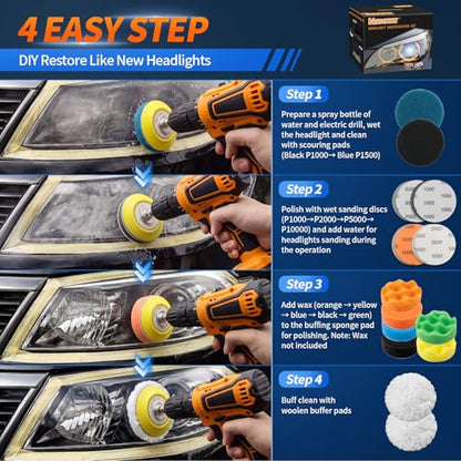 VIBRATITE 41PCS Headlight Restoration Kit, 3" Drill Sanding & Polishing Kit | Removes Cloudy Headlights, Oxidation, Yellowing and Minor Scratches, Restorer to Like-New Condition - size: 41 PCS