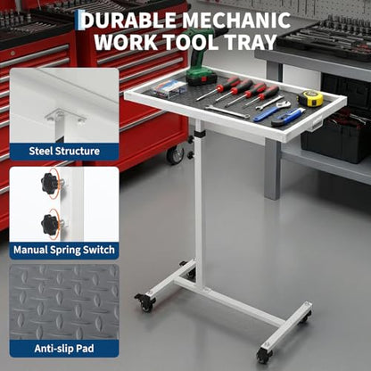Mobile Work Table with Wheels, 220LBS Height Adjustable Rolling Mechanic Tool Tray, Heavy Duty Steel Work Table for Garage, Home, Automotive Repair & DIY Projects - color: White