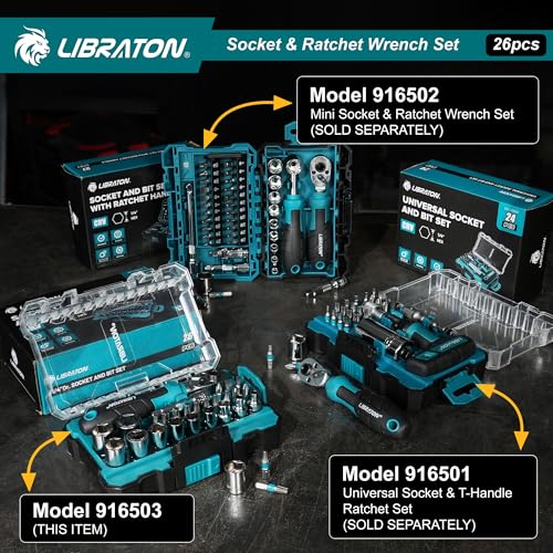 LIBRATON 26PCS 1/4" Drive Mini Socket & Ratchet Wrench Set with Bits, 4-14mm Metric Shallow Sockets, Mini Ratchet Set, Screwdriver Bit Set, Extension Bar, with Storage Case for DIY, Auto Repair