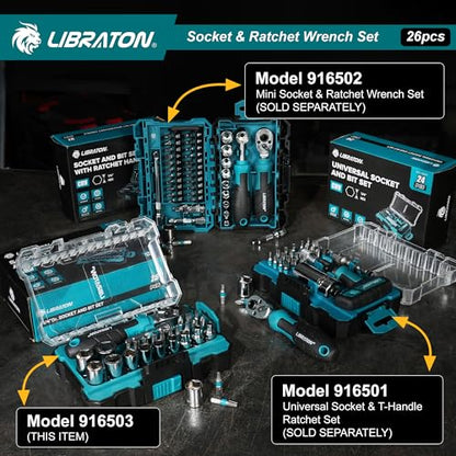 LIBRATON 26PCS 1/4" Drive Mini Socket & Ratchet Wrench Set with Bits, 4-14mm Metric Shallow Sockets, Mini Ratchet Set, Screwdriver Bit Set, Extension Bar, with Storage Case for DIY, Auto Repair