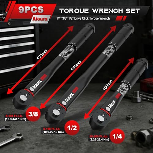 Torque Wrench Set 9PCS, 1/4" 3/8" 1/2" Drive Click Torque Wrench, 72 Tooth Dual-Direction Adjustable, Dual Scale, ±3% Accuracy, for Bicycle, Motorcycle, Automotive Repair and Maintenance