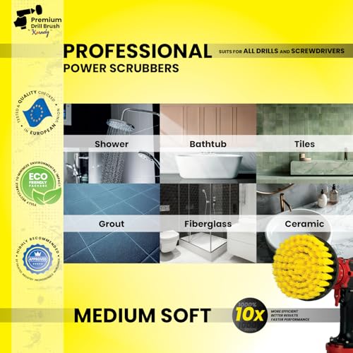 Premium Drill Brush Professional – Medium-Soft 5 in Yellow Set of 3 | Scratch-Free Cleaning Brush for Tile, Grout, Bathtub, Shower, Fibreglass and Ceramic Surfaces - color: Yellow