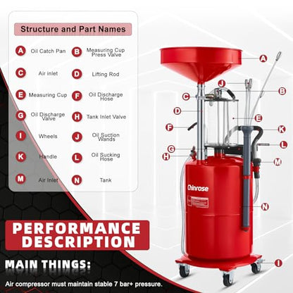 Upgraded Design Waste Oil Drain Tank, Pneumatic Oil Drainer, Oil Lift Drain and Extractor,Air Operated Drainer for Oil Change (Red 26.4 Gallon) - color: Red 26.4 Gallon
