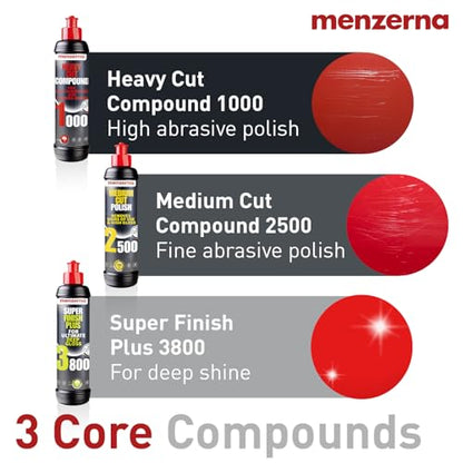 menzerna Polishing Set 8oz – HCC1000, MCC2500 & SFP3800 | 3-Step System incl. 3 Matching 6-Inch Pads & 3 Matching Microfiber Towels for Scratch Removal, Swirl Elimination & Mirror-Like Finish - color: Polishing Set 8oz + Pad + MF