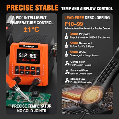 TOOLOUR 2-IN-1 851D Soldering Station, Iron Kit, 302°F-932°F Fast Heating, Hot Air Rework Desoldering Kits includes 9 Accessories, Dual Channel Control, 90-Level Airflow,ESD Save for SMD, PCB, DIY