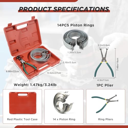 MRCARTOOL Piston Ring Compressor Tool 14Pcs with Plier,13 Rings 2.4"-5.7" | Manganese Steel, Forged Steel Pliers, Fits Sedans Trucks Racing Engines - size: 14PCS