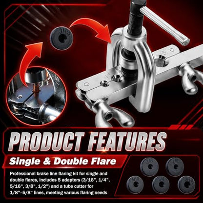 25Ft 1/4" & 3/16" Brake Line Kit,Single & Double Brake Line Flaring Tool Kit with 32 Inverted Fittings/Tube Cutter/5 Adapters,Professional Brakes Lines Repair Kits