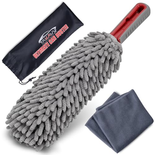 TAKAVU Car Duster Interior, 360° Microfiber Fingers, Lint & Scratch Free | Unbreakable Comfort Handle Duster, Includes Microfiber Towel, Lint-Free & Safe for Car & Home Interior, Gray - size: Microfiber Chenille
