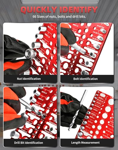 66 Thread Checker, VEXTHYX 22 standard/sae & 18 metric nut and bolt thread measuring tool with 26 drill bit gauges, wall-mountable bolt size identifier finder with Inch & CM ruler for Mechanics Repair - size: 66 Thread Checker