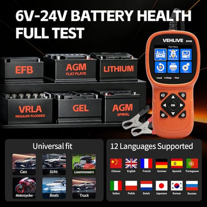 BT906 Car Battery Tester 6V 12V 24V with Lithium Battery Testing, 5-3000CCA Automotive Circuit Testing, Load/Alternator Tester, Charging Cranking System Tester for All Car Motorcycle Boat