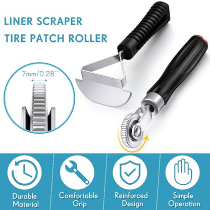 Pushglossy 22 Pieces Tire Repair Patch Tool Kit Including 2.56 x 3.15 Inch Square Rubber Tire Patches, Tire Patch Roller and Inner Liner Scraper for Auto Car Truck Motorcycle Bike Tire Repair Tool