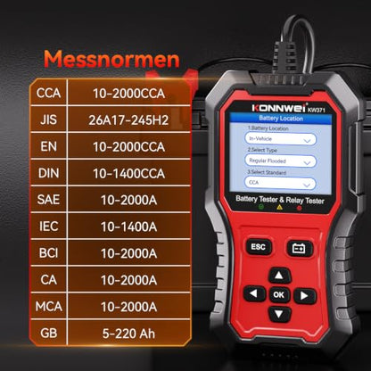 KONNWEI KW371 6V/12V/24V Battery Tester & 4/5Pin Relay Tester 2 in 1 | battery tester automotive with cranking & charging load test, 4/5-pin relay tester, CCA 10-2000, No batteries required. - size: 7.68*3.74*2.17 inch