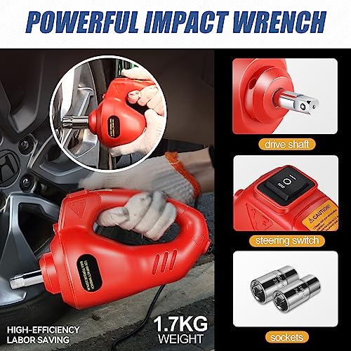 Auto Dynasty Electric Scissor Jack Kit, 3 Ton (6614LBS) Steel Leveling Scissor Car Jacks, Lifting Range 13.7" (Max) to 4.7" (Min) Scissor Lift Jacks with Screw Rod and Powerful Impact Wrench Kit, Red