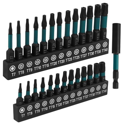27pcs Impact Security Torx Set, S2 Steel Star Driver Kit (T7-T40), Dual Lengths 25mm & 50mm with Magnetic Bit Holder, Mixed Solid & Tamper-Proof CNC Tips for Automotive & DIY Repairs - size: 27 Pieces