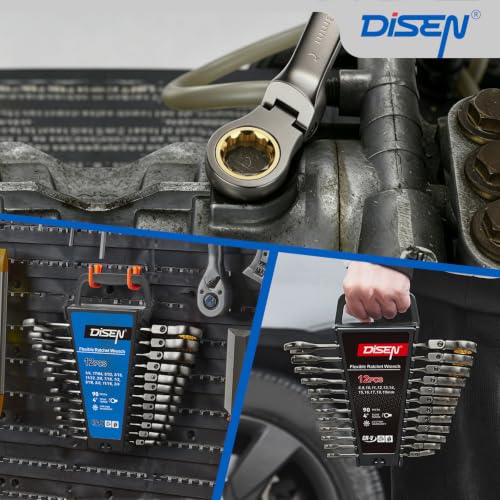 DISEN 24pcs 90-Teeth Ratchet Wrenches Set, Flex Head Ratcheting Wrench Set Metric 8MM-19MM and SAE Wrenches 1/4 Inch-3/4 Inch, Nickel Plating Cr-V Constructed with Organizer Rack