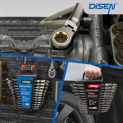 DISEN 24pcs 90-Teeth Ratchet Wrenches Set, Flex Head Ratcheting Wrench Set Metric 8MM-19MM and SAE Wrenches 1/4 Inch-3/4 Inch, Nickel Plating Cr-V Constructed with Organizer Rack