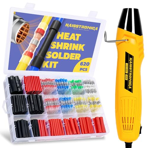 haisstronica 620 PCS All in One Set with Solder Seal Wire Connectors,3:1 Heat Shrink Tubing and Heat Gun,Solder Sticks Wire Terminals Electrical Connectors for Automotive, Marine, Trailer Wiring - size: 620 PCS